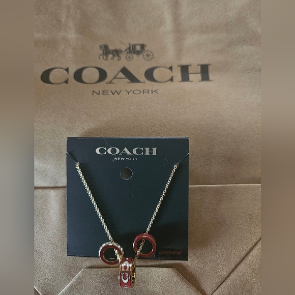 NWT Coach Women's Signature Enamel Rondell Necklace Gold/Red - Picture 2 of 5